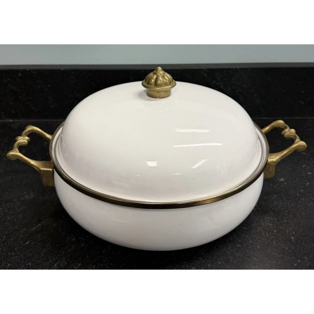 Vintage Bon Chef White Enamel Steamer Pan w Lid Brass‎ Handles Buffet Ware